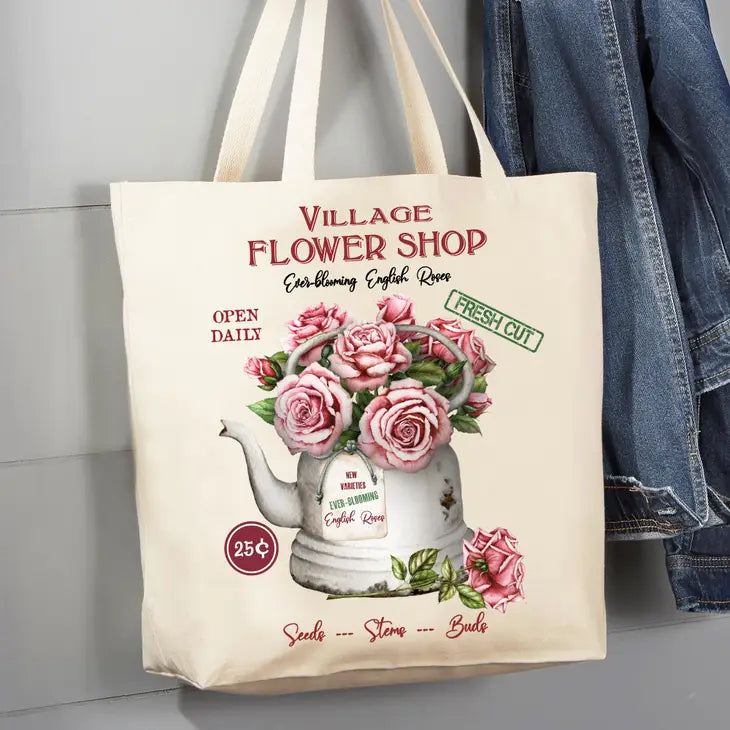 Village Flower Shop Roses 12 oz Canvas Tote Bag