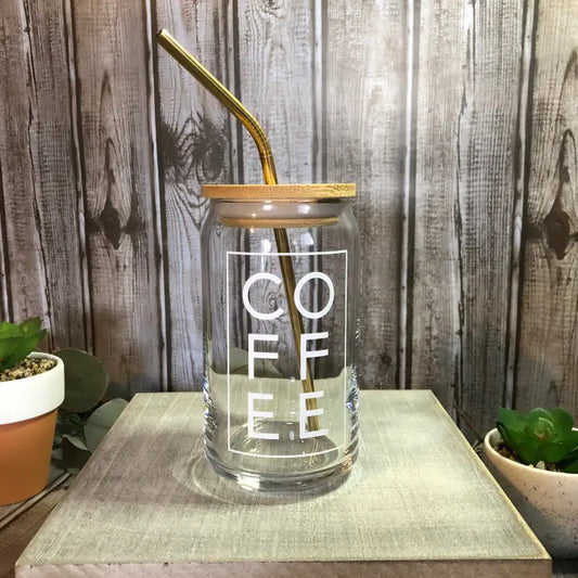 COFFEE Glass Can and Bamboo lid and Straw