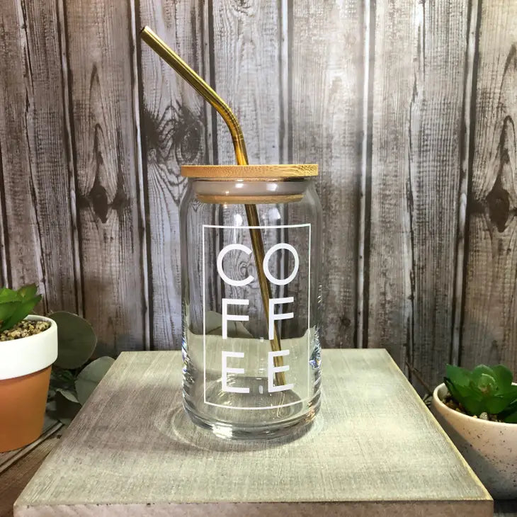 COFFEE Glass Can and Bamboo lid and Straw - The CRAFT BAR DIY & Gift Shop
