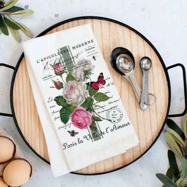 Vintage French Roses Butterfly Cotton Tea Towels